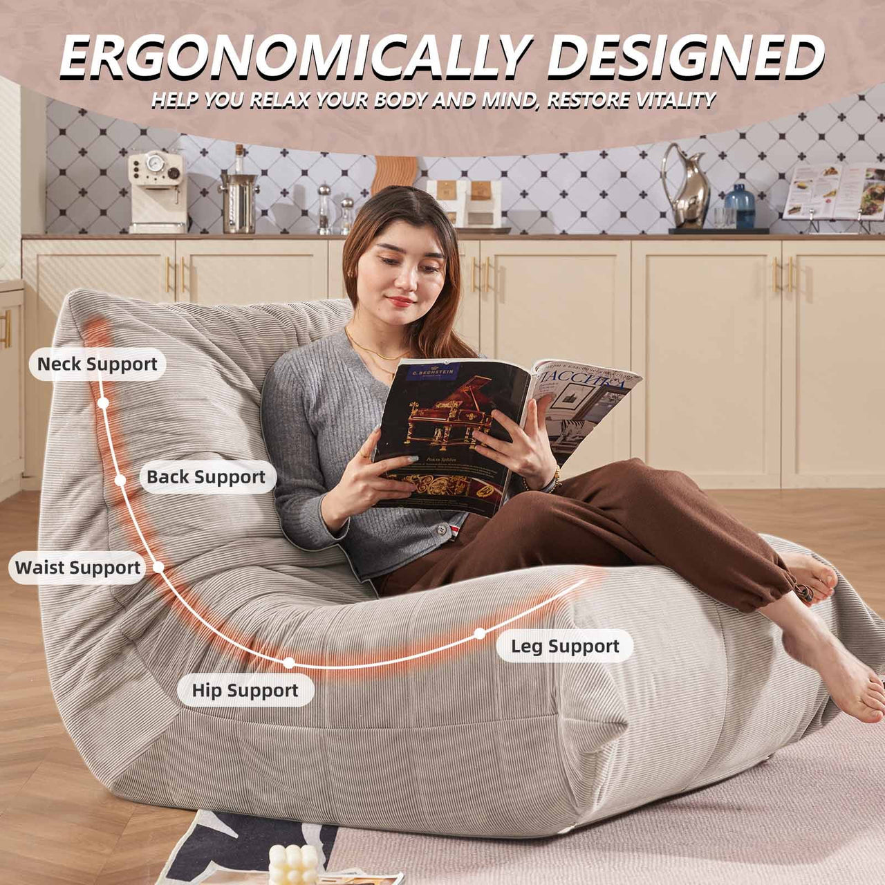 Adult Bean Bag Chair,Memory Foam Togo Sofa,Lazy Floor Sofa, Ergonomically Designed Fireplace Chair, Multi-functional Chair for Living Room and Bedroom