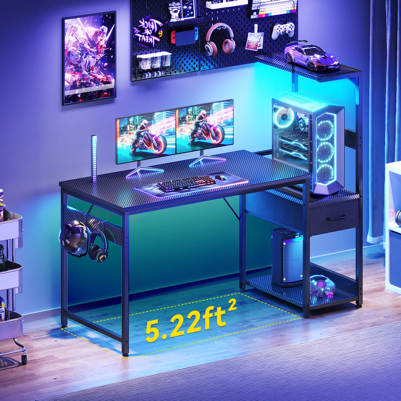 48 inch Gaming Desk with Storage & LED Lights, Reversible Computer Desk with Display Shelves & Fabric Drawer, Modern Gamer Desk Table with Side Headphone Hook, Carbon Fiber Black