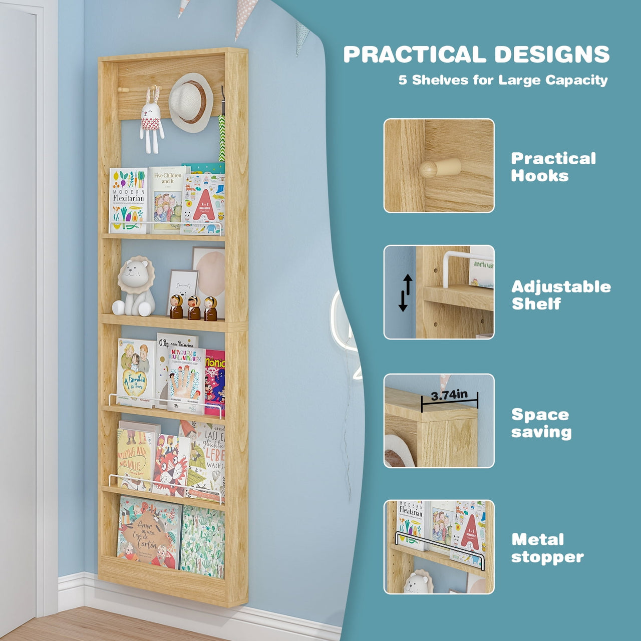 Advwin 5-Tier Wall Mounted Kids Bookshelf with Adjustable Shelves, Wooden Book Shelf Organizer, Behind Door Bookcase Display Shelf for Kids Room, Nursery, Playroom, Natural