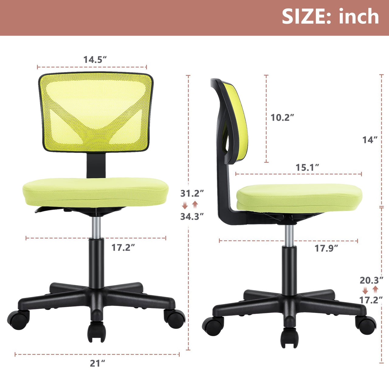 Yoyomax Computer Chair, Armless Ergonomic Desk Chair, Adjustable Swivel Small Office Chair with Lumbar Support and Wheels for Small Spaces, Green