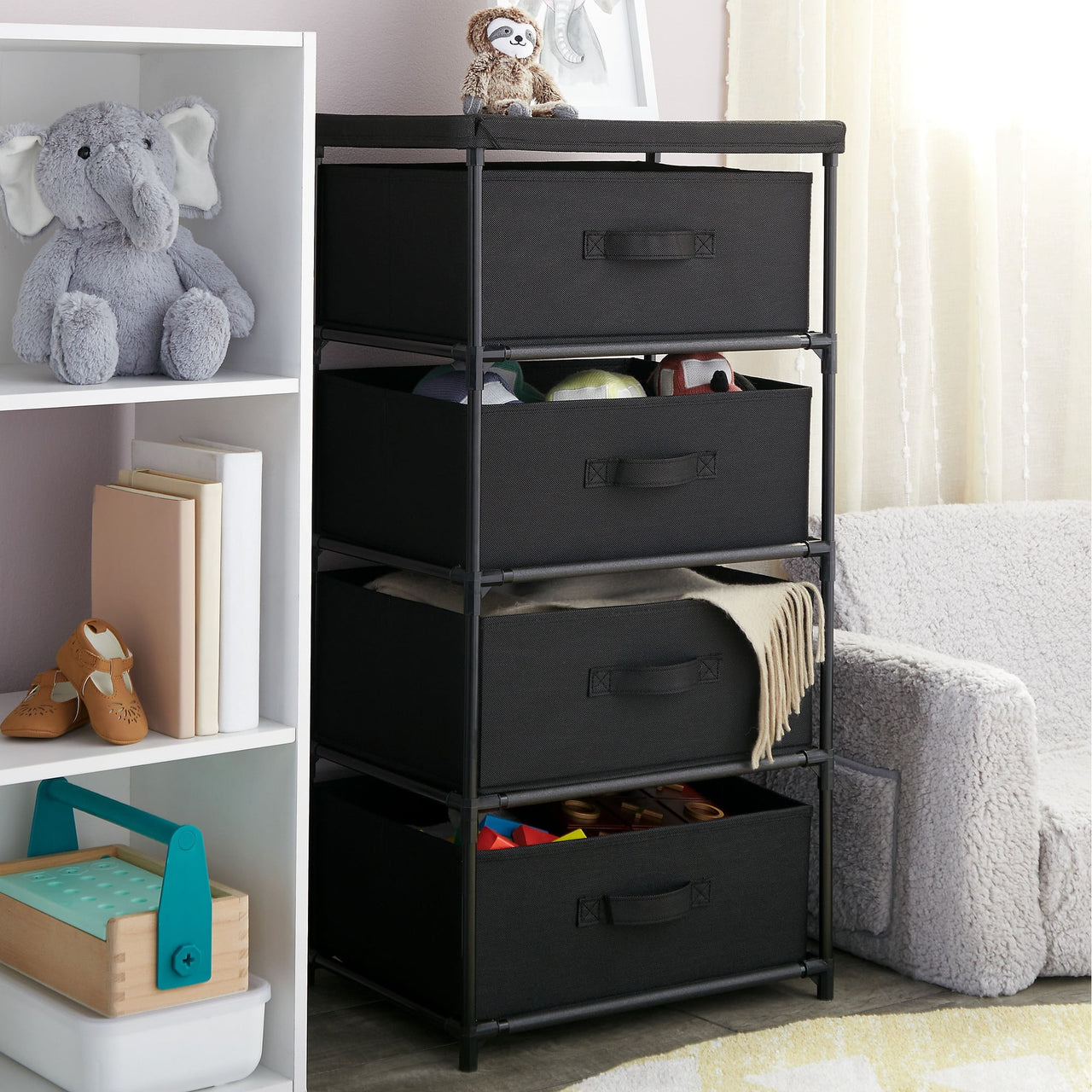 4-Tier Tall Closet Dresser with Drawers - Clothes Organizer and Small Fabric Storage for Bedroom (Black)