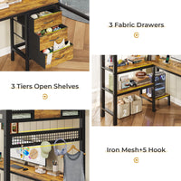 Afuhokles Loft Twin Size Bed with Desk, LED Lights and Charging Station, Metal Loft Bed Frame with Fabric Drawers and Shelves, Black