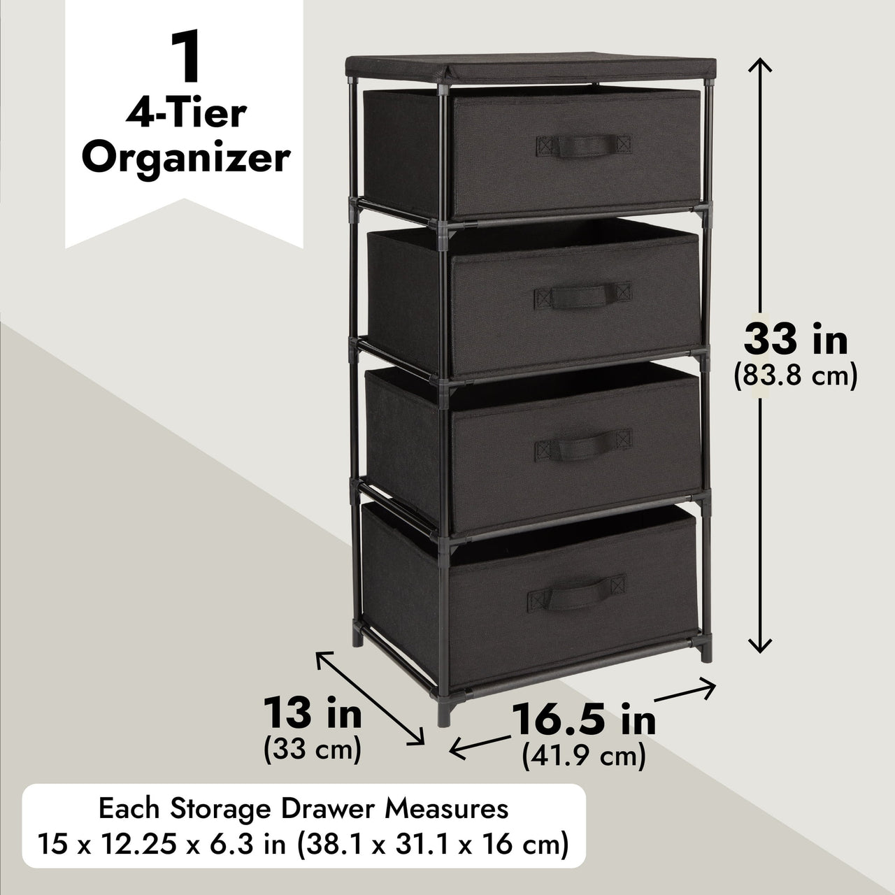 4-Tier Tall Closet Dresser with Drawers - Clothes Organizer and Small Fabric Storage for Bedroom (Black)