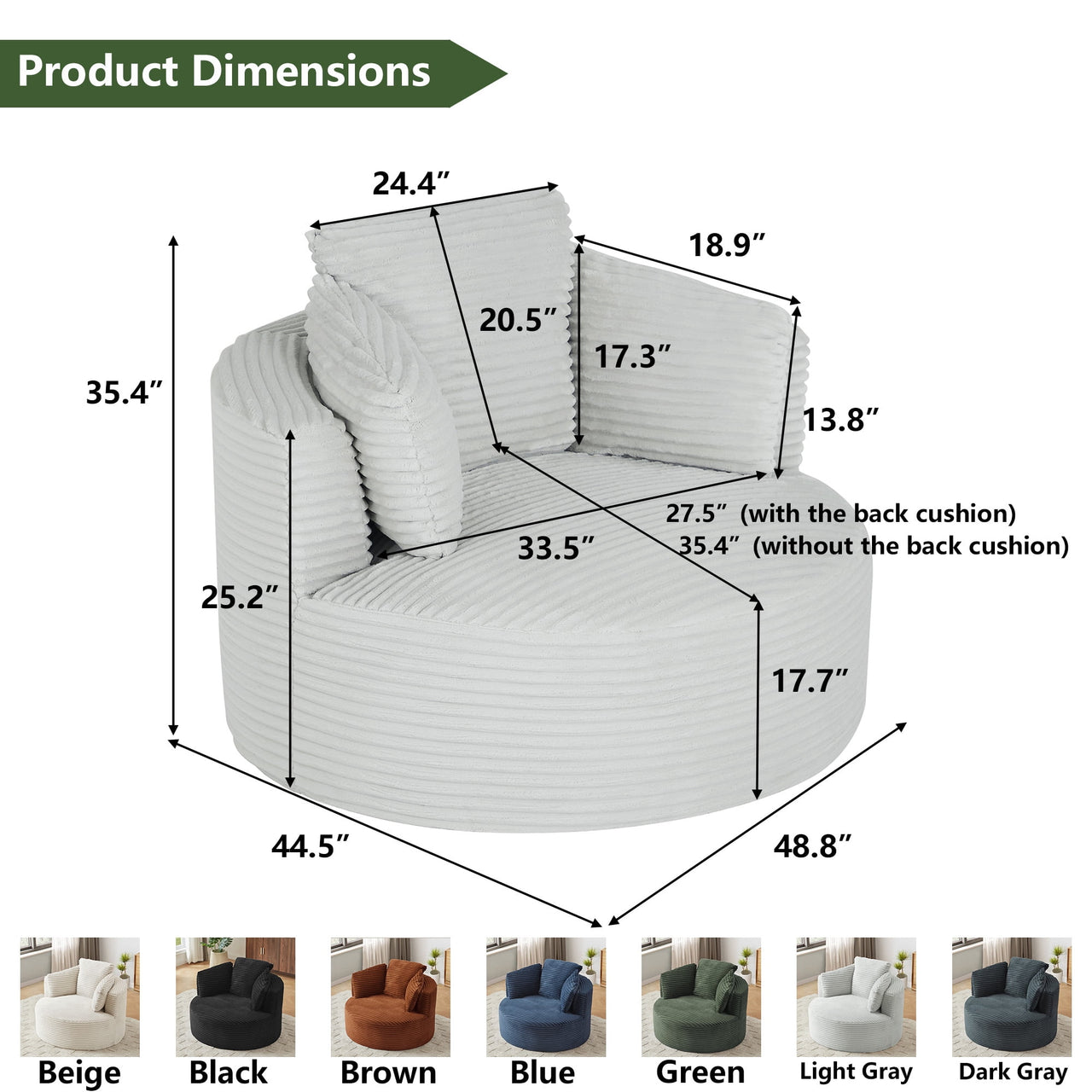 49"Oversized Round Cloud Chair, Corduroy Accent Chair for Living Room, No Assembly Compressed Sofa Seat,Light Gray