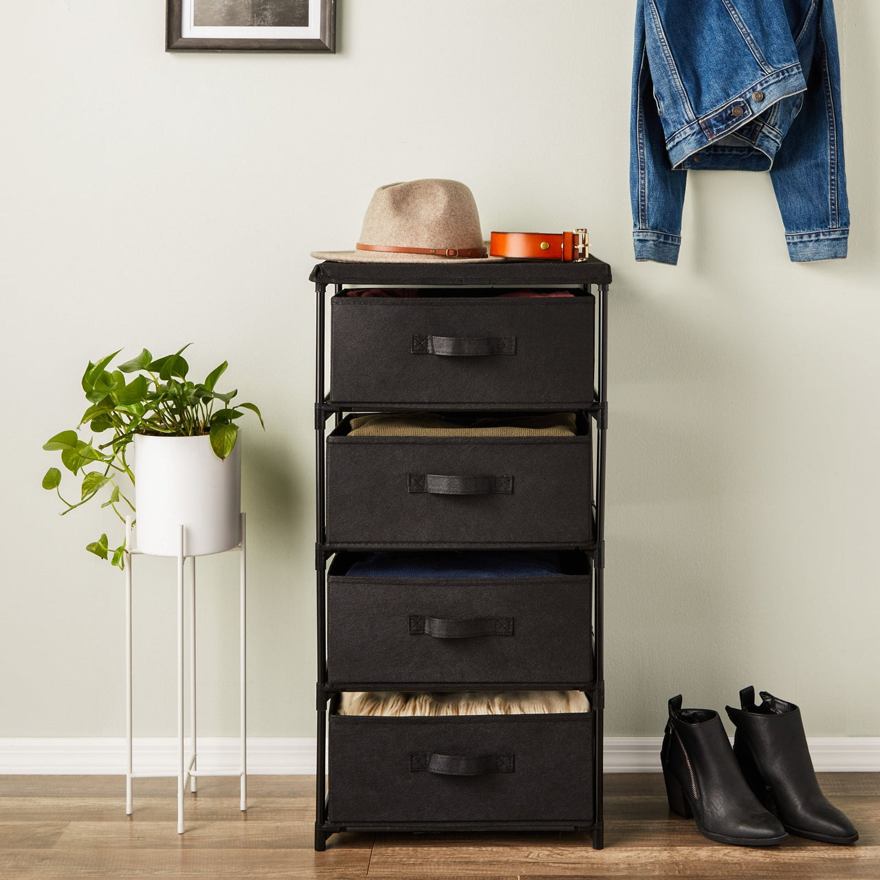 4-Tier Tall Closet Dresser with Drawers - Clothes Organizer and Small Fabric Storage for Bedroom (Black)