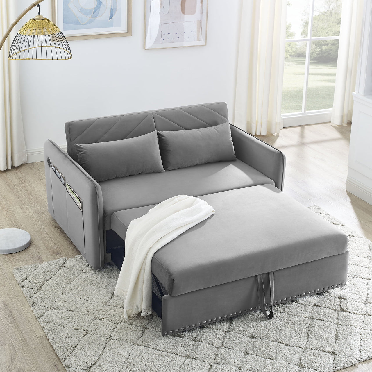 55" Convertible Sleeper Sofa Bed,3 in 1 Convertible Sleeper Loveseat with USB Ports,Modern Velvet Pull Out Sofa Bed with 2 Pillows and Rivet Design for Living Room Furniture,Gray